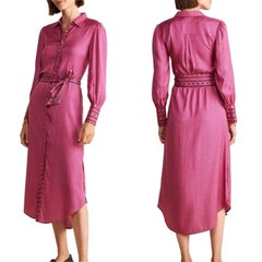 VINEYARD VINE NWT Size M Pink Silk Twill Diamond Border Belted Midi Shirt Dress
