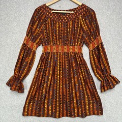 Anna Sui Brown Geometric Stripe Smocked Boho Empire Waist Mini Dress Womens Sm