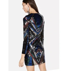 EXPRESS Black Multicolor Sequin Mini Dress V Neck Stretch Long Sleeves Size XS