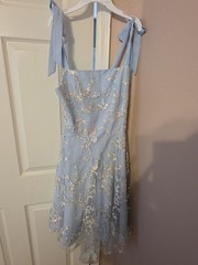Blue Floral Embroidered Mesh Overlay Square Neck Strappy Lined Mini Dress S