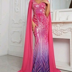 Multicolor Random Print, Cloak, Sequined, Mesh Mermaid Maxi gown