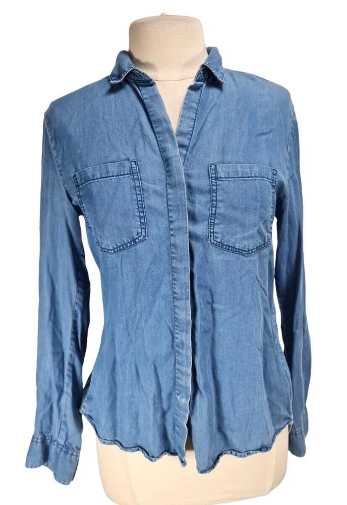 THREAD SUPPLY Womens Button Up Top Size S Blue Chambray Back Slit Long SLV 300A