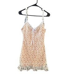 Floral Lace Cami Mini Dress White Tan Ruffle Hem Tie Front Cottage Small