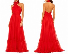 Mac Duggal Red Chiffon Halter 3D Flower Formal Evening Gown Dress Size 0