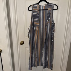 BCBGeneration Linen blend Blue Striped Duster Vest Size M Adjustable Side Ties