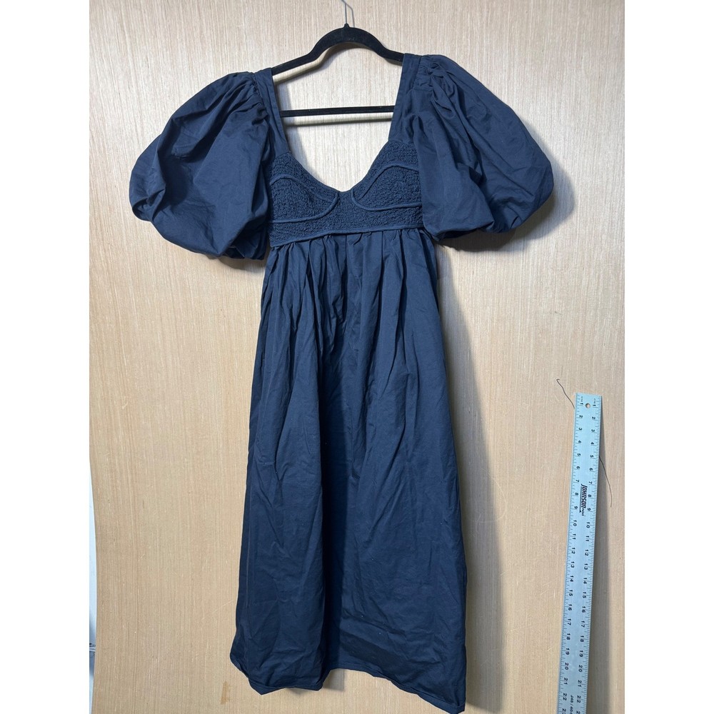 Sofie the label Navy Blue Cotton Puff Sleeve Smocked Mini Dress Womens Medium