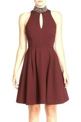Kut From The Kloth Embellished Mock Neck Fit & Flare Dress Burgundy Size 12 5148