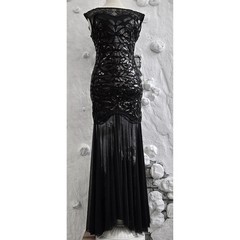 NWOT Black Sequin Mesh Overlay Gown Sleeveless Art Deco Evening Formal Dress