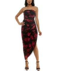 Emerald Sundae Floral-Print Midi Dress Juniors XXS Black/Red Asymmetrical Hem