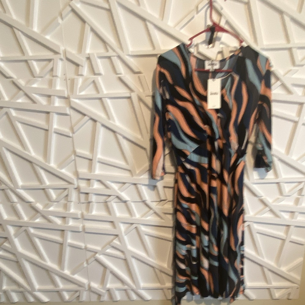 Leota Black/Blue/Peach Abstract A-Line Dress Round Neck 3/4 Sleeve Knee M