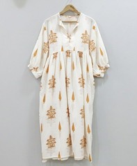 Cotton Hand Block Print Kyra Midi Dress Boho Floral Women Casual Wear