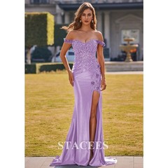 Stacees Mermaid Applique Off-the-Shoulder Corset Tight Slit Prom Dress Lilac US6