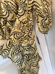Sandro Yellow Black Abstract Ruffle Mini Dress 3/4 Balloon Sleeve Size 40