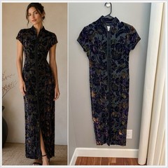 Vintage 90s Evan-Picone Velvet Burnout Maxi Dress Silk Rayon Floral Size 4