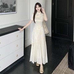 A-line Long Dress for Women Jacquard Qipao Short Sleeve Tasseled Silky Cheongsam