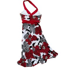 Tempted Y2K Babydoll Empire Waist Halter Top Flora Red Black White Midi Dress S