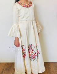 Cream Embroidered Floral Maxi Dress with Bell Sleeves