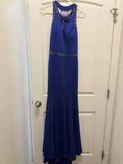 Elizabeth K GLs Blue Purple Beaded Sheer Mesh Scoop Neck Maxi Dress M