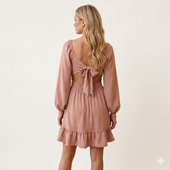 Dokotoo Light Brown Tie Back Long Sleeve Cut Out Ruffle Mini Dress Size S Boho