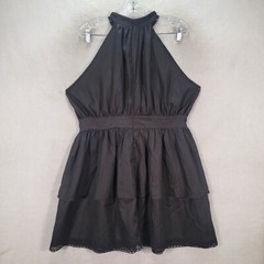 Black Pleated Halter Stretch Tiered Ruffle Crochet Fit Flare Women Dress Size XL
