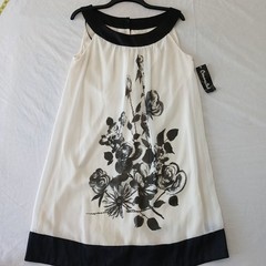 Connected Apparel Sheer A-Line White Dress With Black Floral Pattern NWT