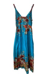 Tropical Turquoise Floral Maxi Dress Boho Smocked Empire Waist Flowy Sundress M