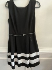 Ellen Tracy Fit & Flare Dress 14 Black White Striped Hem Belted Knee Scoop Zip