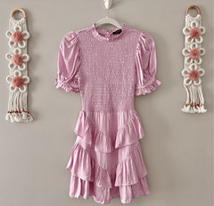 Olivaceous Smocked Tiered Ruffle Mini Dress Satin Pink Size Small NEW
