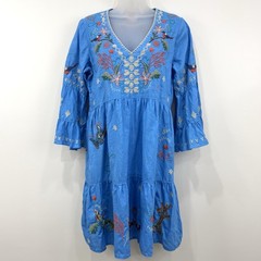 Johnny Was Zoe 100% Linen Dress S Tiered Embroidery Whimsical Boho Butterfly