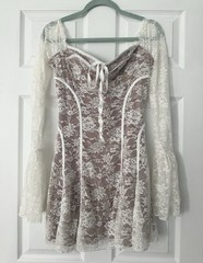 White Floral Lace Sheer Mini Dress Sweetheart Neck Bell Sleeve Lace-Up S