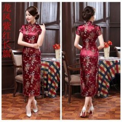 Dragon Phoenix Women&rsquo;s Silk Satin Long Dress Cheongsam Qipao SZ S-6XL Dark red
