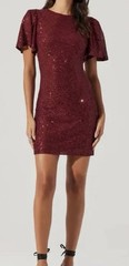 ASTR The Label Wine Sequin Crew Neck Flutter Sleeve Drape Back Mini Dress XS