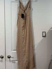 NBD beige solid ruched V-neck spaghetti strap maxi dress adjustable zip XS NWT