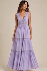Altar&rsquo;d State Lavender Cottagecore Boho Lace Tiered Maxi Medium Dress Romantic