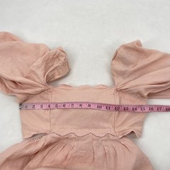 Mable Embo S pale Pink Midi Dress Scallop 100% linen Puff Sleeves open bow back