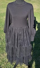 Ivy City Co Dress Womens Medium Black Colette Midi Tulle Tiered Mesh Long Sleeve
