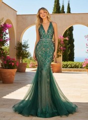 Emerald Nude V Neck Beaded Embroidered Prom Dress Size 0 Formal Open Back Gown