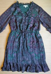 Frye Knee Length Dress Ruffle Buttons Lurex Green Purple Floral Size M Women&rsquo;s
