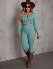 Women&rsquo;s Plus Size Solid V Neck 2Pcs Army Green 1XL Size 14 Casual
