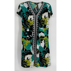 Elementz Petite Womens Tropical Leaf V-Neck Short Sleeve Stretch Dress Sz PL