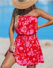 CUPSHE Live Life on The Beach Pink Red Mini Dress Strapless Tropical Women M