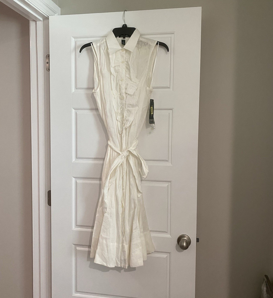 Lauren Ralph Lauren White Linen Shirt Dress Sleeveless Collared Belted Midi 10
