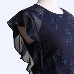 BCBGMAXAZRIA Navy Blue Metallic Silk Flutter Sleeve Knee Length Dress