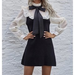 Zara Women Black Cream Contrast Bow Ruffle Knit Mini Dress M Blogger Fave