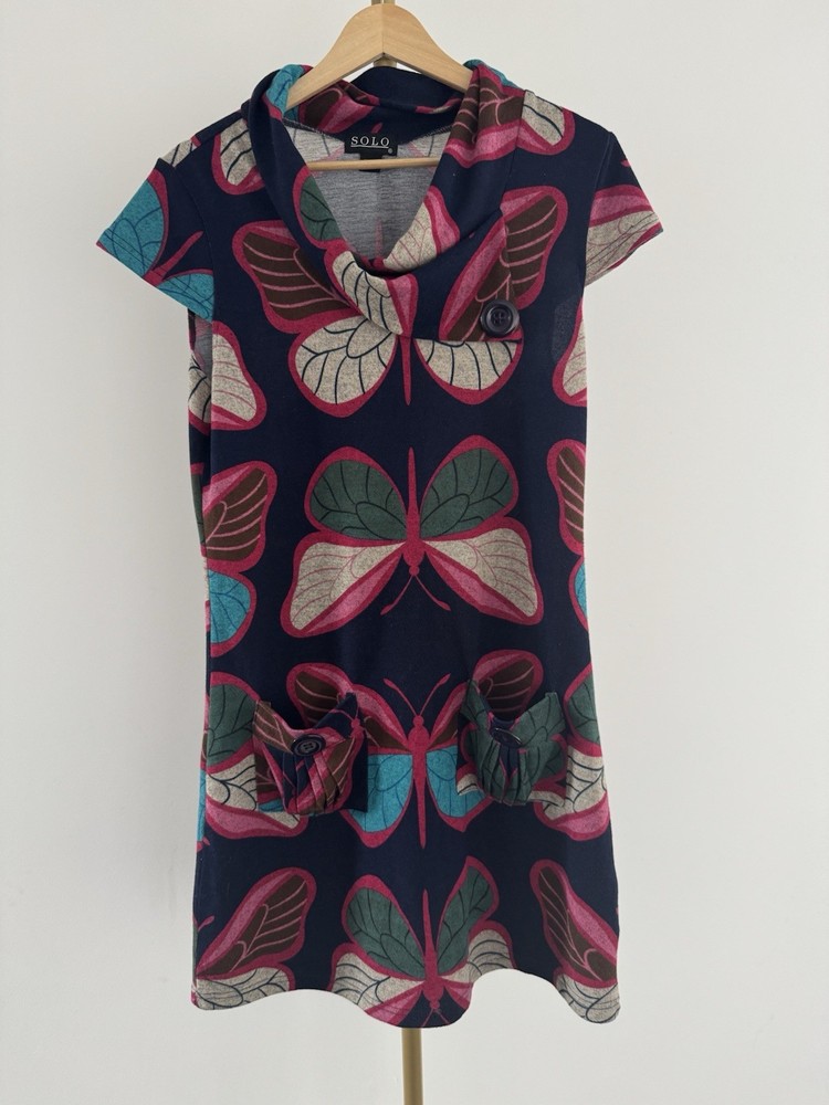 SOLO Butterfly Colourful Print Navy Cowl Neck Detail Knit Jumper Dress UK 12
