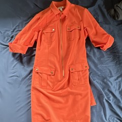 Dressbarn Women&rsquo;s Orange Solid Collared Zip Shirt Dress Belted Pockets 20