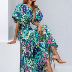 ELEGANT FLORAL A-Line Long Dress WOMEN High Waist Puff Sleeve Boho Party S-3XL