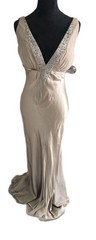 Seduis Champagne Maxi Dress Plunging V-Neck Evening Gown 100% Silk Wedding Guest
