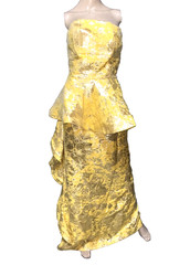 Christian Siriano Runway Yellow Gold Floral Brocade Ruffle Long Dress Gown US 8