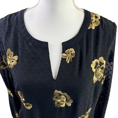 Cabi Occasion Dress in Swiss Dot Black Gold Rose Embroidered Size Small 3697